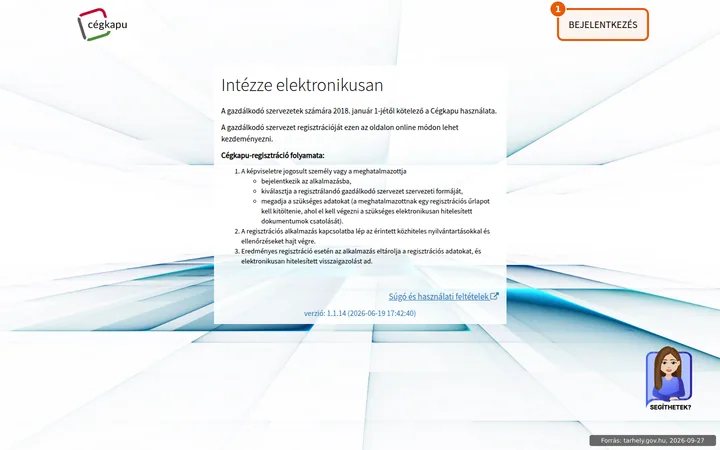A Cégkapu regisztrációs felület kezdőoldala, kiemelve a Bejelentkezés gomb