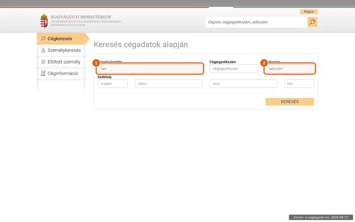 Az e-cégjegyzék üres cégkereső űrlapja cégnév, cégjegyzékszám, adószám és székhely mezőkkel