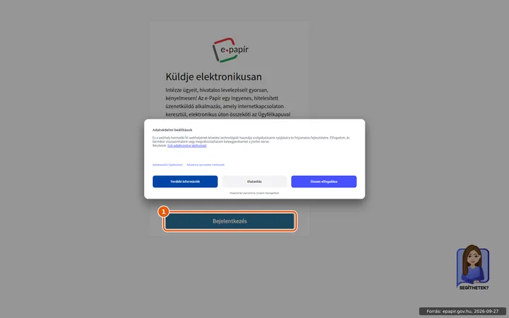 Az epapir.gov.hu kezdőoldala, kiemelve a Bejelentkezés gomb