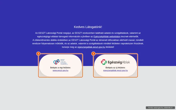 Az eeszt.gov.hu felületválasztó oldala a régi és az új (EgészségAblak) felülettel