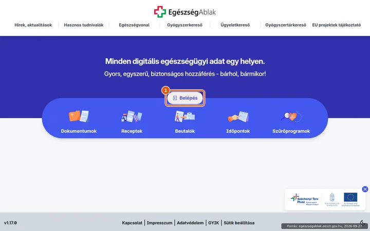 Az EgészségAblak portál kezdőlapja, kiemelve a Belépés gomb
