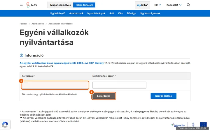 A NAV egyéni vállalkozók nyilvántartása lekérdező oldala az üres keresőmezőkkel