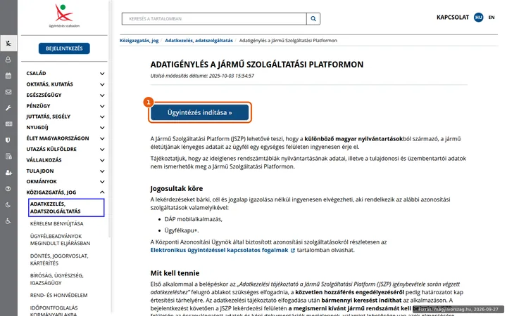 A magyarorszag.hu JSZP adatigénylés ügyleírása az Ügyintézés indítása gombbal