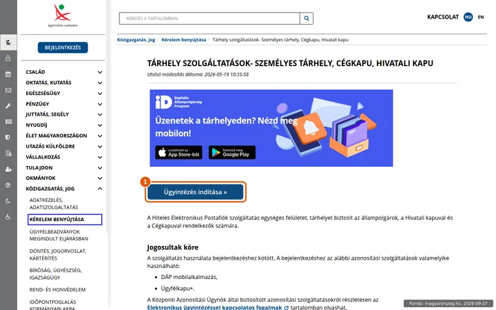A magyarorszag.hu Tárhely szolgáltatások ügyleírás oldala az Ügyintézés indítása gombbal