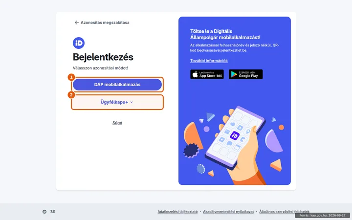 A Központi Azonosítási Ügynök bejelentkezési oldala a DÁP mobilalkalmazás és az Ügyfélkapu+ lehetőséggel, a Tárhely megnyitása után