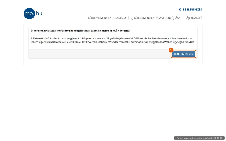 A Webes ügysegéd nyitóoldala, kiemelve a Bejelentkezés gomb
